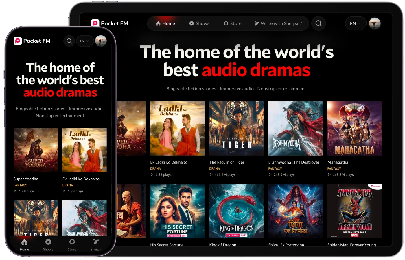 Pocket FM app shown on a phone and tablet