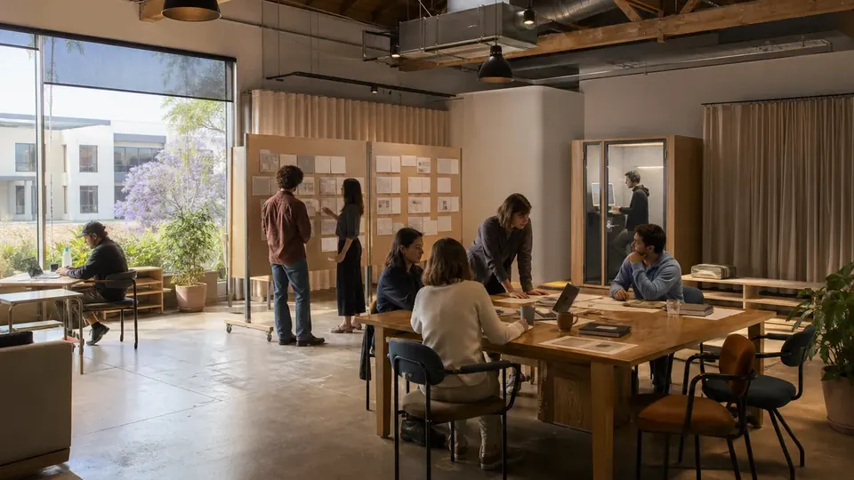 Creative team reviewing stories in a Los Angeles studio